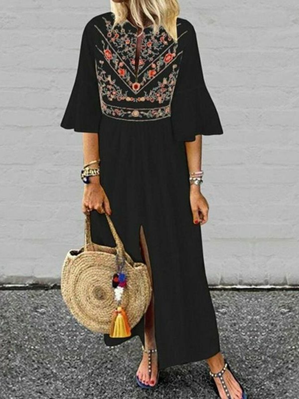 The Best Vintage Women Fashion Boho Long Maxi Dress Summer Holiday Floral Ladies Casual Short Sleeve Loose Sundress Online - Takalr