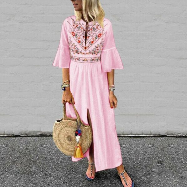 The Best Vintage Women Fashion Boho Long Maxi Dress Summer Holiday Floral Ladies Casual Short Sleeve Loose Sundress Online - Takalr