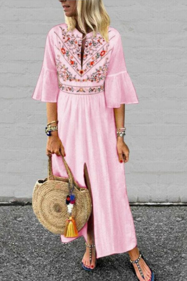 The Best Vintage Women Fashion Boho Long Maxi Dress Summer Holiday Floral Ladies Casual Short Sleeve Loose Sundress Online - Takalr