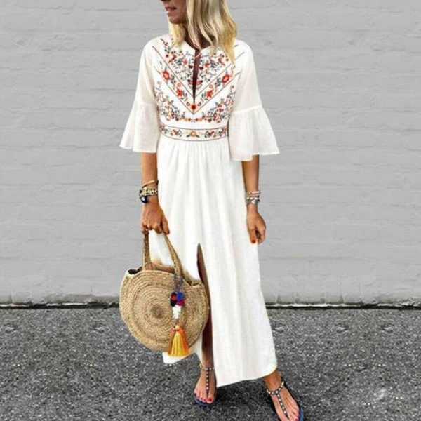 The Best Vintage Women Fashion Boho Long Maxi Dress Summer Holiday Floral Ladies Casual Short Sleeve Loose Sundress Online - Takalr