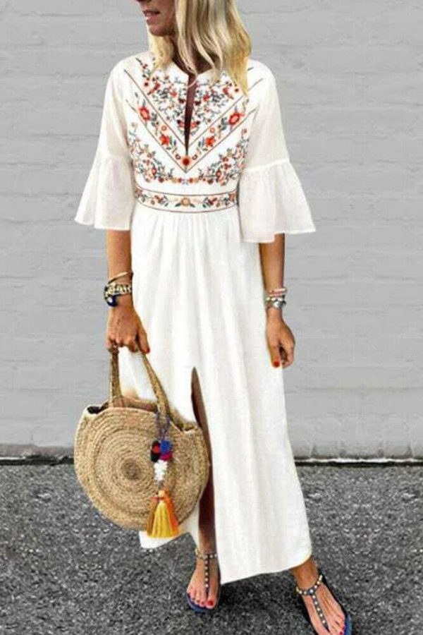 The Best Vintage Women Fashion Boho Long Maxi Dress Summer Holiday Floral Ladies Casual Short Sleeve Loose Sundress Online - Takalr