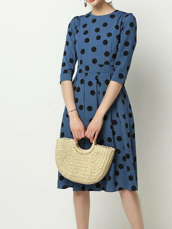 The Best Vintage Women Polka Point Slim Dress Elegant Half Sleeve A-line Dress For OL Casual Women Spring Summer Holiday Party vestidos Online - Takalr