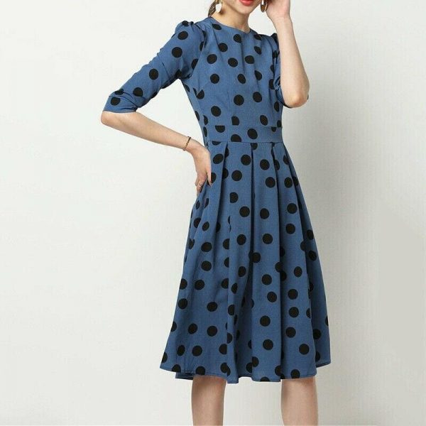 The Best Vintage Women Polka Point Slim Dress Elegant Half Sleeve A-line Dress For OL Casual Women Spring Summer Holiday Party vestidos Online - Takalr