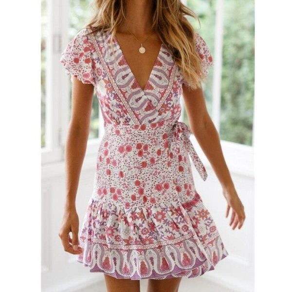 The Best Vintage Women Short Sleeve Wrap Boho Floral Mini Dress Ladies Summer Sundress Holiday V neck Short Sleeve Print Dress Online - Takalr