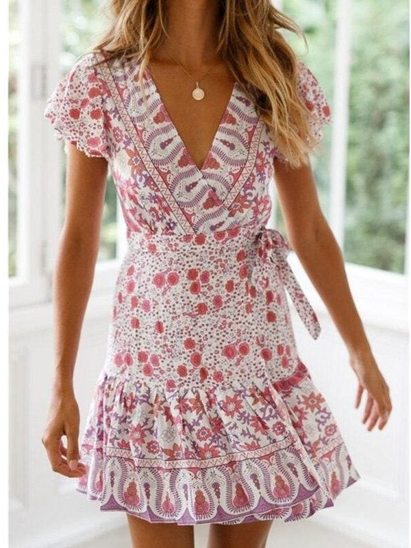 The Best Vintage Women Short Sleeve Wrap Boho Floral Mini Dress Ladies Summer Sundress Holiday V neck Short Sleeve Print Dress Online - Takalr