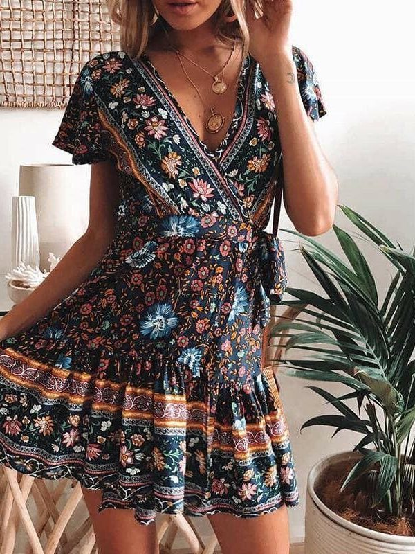 The Best Vintage Women Short Sleeve Wrap Boho Floral Mini Dress Ladies Summer Sundress Holiday V neck Short Sleeve Print Dress Online - Takalr