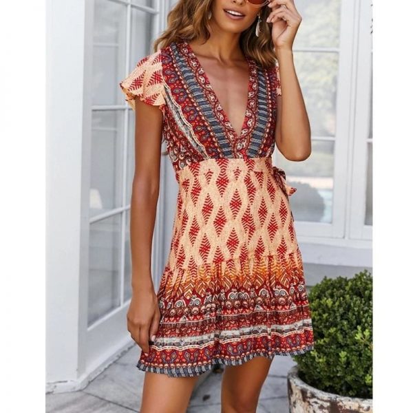 The Best Vintage Women Short Sleeve Wrap Boho Floral Mini Dress Ladies Summer Sundress Holiday V neck Short Sleeve Print Dress Online - Takalr