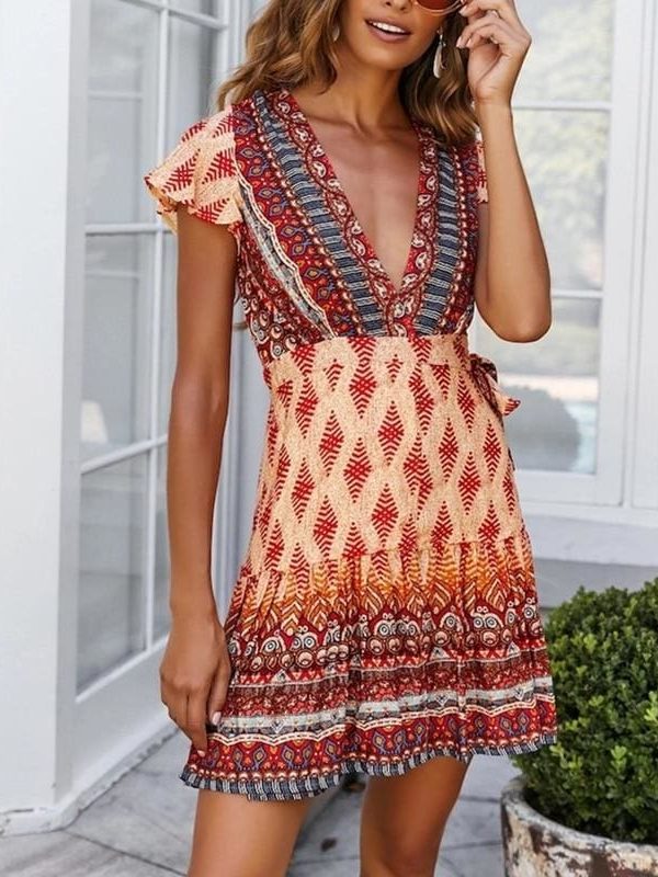 The Best Vintage Women Short Sleeve Wrap Boho Floral Mini Dress Ladies Summer Sundress Holiday V neck Short Sleeve Print Dress Online - Takalr