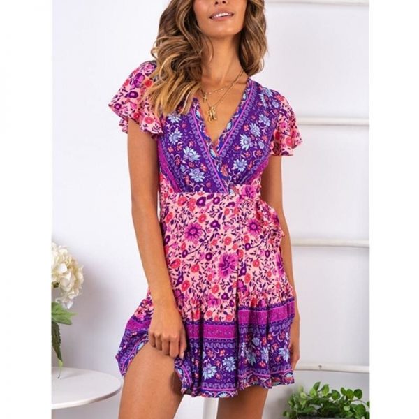 The Best Vintage Women Short Sleeve Wrap Boho Floral Mini Dress Ladies Summer Sundress Holiday V neck Short Sleeve Print Dress Online - Takalr