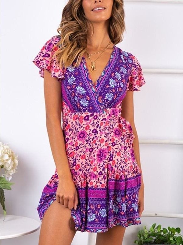 The Best Vintage Women Short Sleeve Wrap Boho Floral Mini Dress Ladies Summer Sundress Holiday V neck Short Sleeve Print Dress Online - Takalr