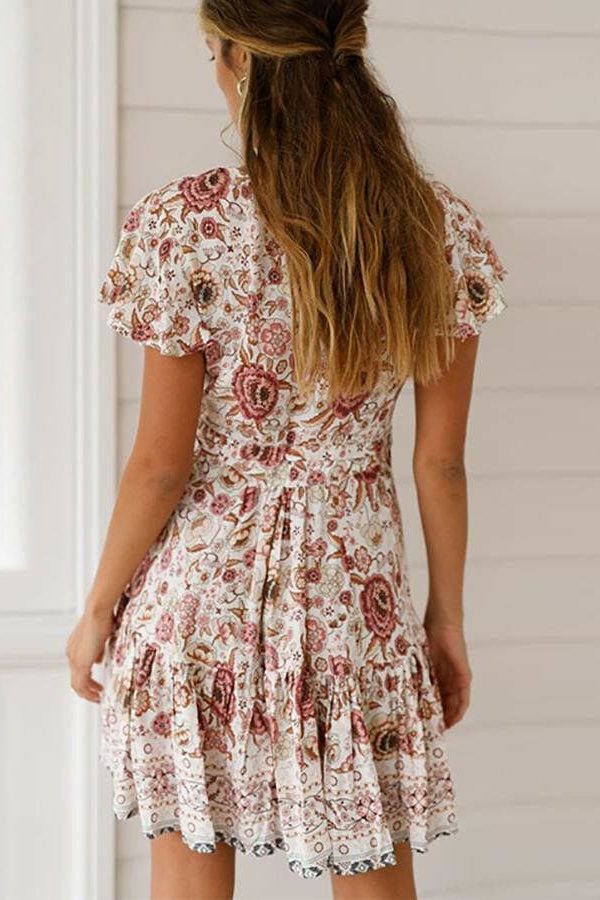 The Best Vintage Women Short Sleeve Wrap Boho Floral Mini Dress Ladies Summer Sundress Holiday V neck Short Sleeve Print Dress Online - Takalr