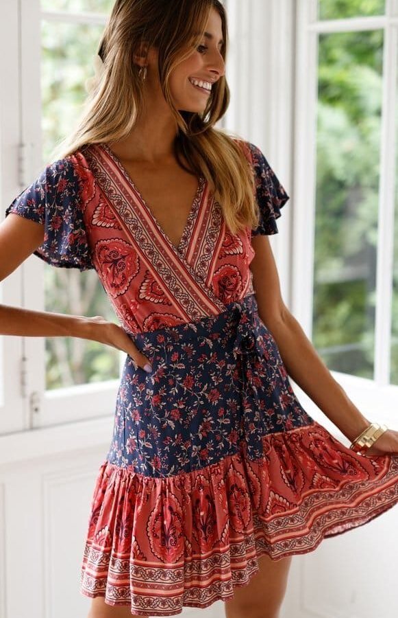 The Best Vintage Women Short Sleeve Wrap Boho Floral Mini Dress Ladies Summer Sundress Holiday V neck Short Sleeve Print Dress Online - Takalr