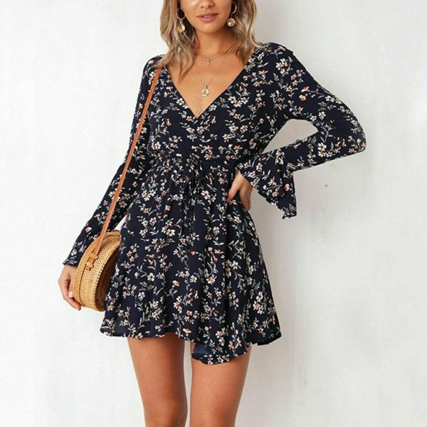 The Best Vintage Women Summer Boho Floral Long Sleeve Wrap Dress Fashion Ladies Deep V-neck Party Beach Mini Sundress Online - Takalr