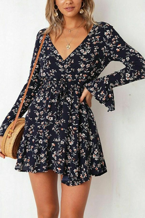 The Best Vintage Women Summer Boho Floral Long Sleeve Wrap Dress Fashion Ladies Deep V-neck Party Beach Mini Sundress Online - Takalr