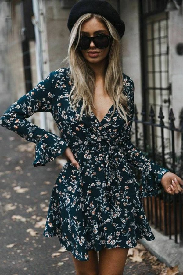 The Best Vintage Women Summer Boho Floral Long Sleeve Wrap Dress Fashion Ladies Deep V-neck Party Beach Mini Sundress Online - Takalr