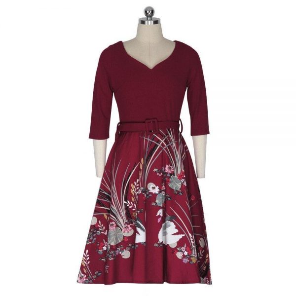 The Best Vrouwen Vintage Jurk V-hals Halfhoge Taille Riem Herfst A-lijn Jurk Online - Source Silk