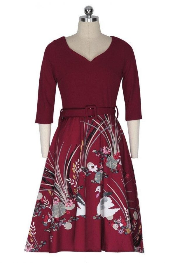 The Best Vrouwen Vintage Jurk V-hals Halfhoge Taille Riem Herfst A-lijn Jurk Online - Source Silk