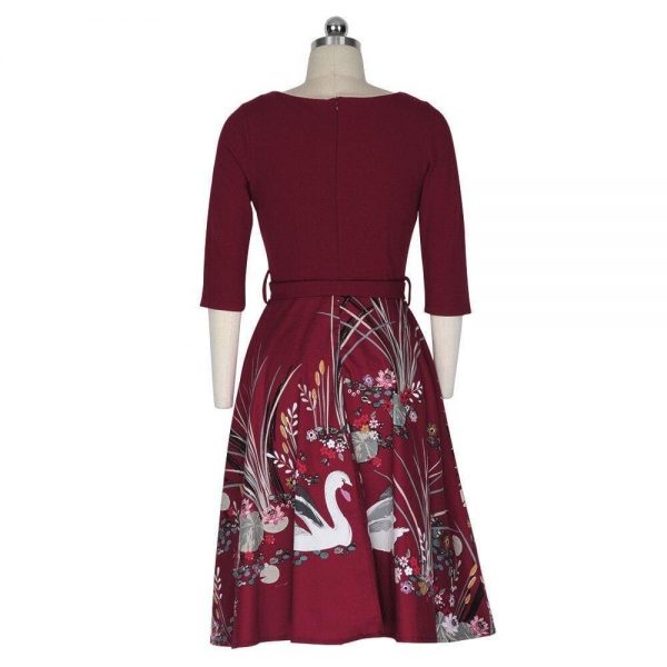 The Best Vrouwen Vintage Jurk V-hals Halfhoge Taille Riem Herfst A-lijn Jurk Online - Source Silk