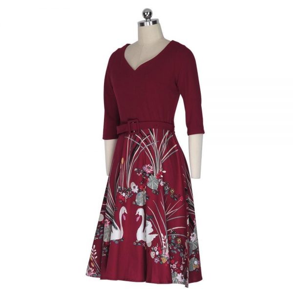 The Best Vrouwen Vintage Jurk V-hals Halfhoge Taille Riem Herfst A-lijn Jurk Online - Source Silk