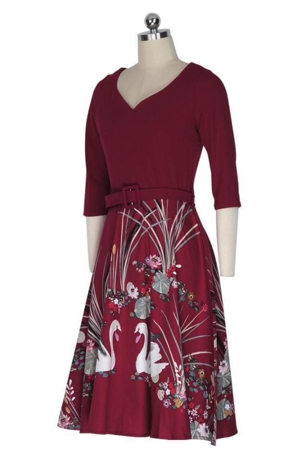 The Best Vrouwen Vintage Jurk V-hals Halfhoge Taille Riem Herfst A-lijn Jurk Online - Source Silk