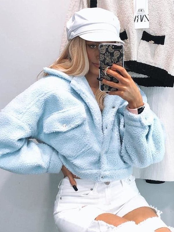 The Best Winter Fashion Soft Cotton Velvet Short Jacket Ladies Casual Long Sleeve Turn-down Collar Fleece Coat With Pockets White Blue Online - Takalr