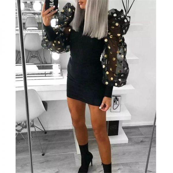 The Best Woman Fashion Casual Slim Female Bodycon Mini Dresses Spring Fall Puff Mesh Polka Dot Long Sleeve Black Club Dress Online - Takalr