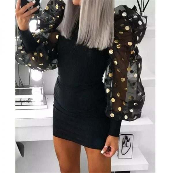 The Best Woman Fashion Casual Slim Female Bodycon Mini Dresses Spring Fall Puff Mesh Polka Dot Long Sleeve Black Club Dress Online - Takalr