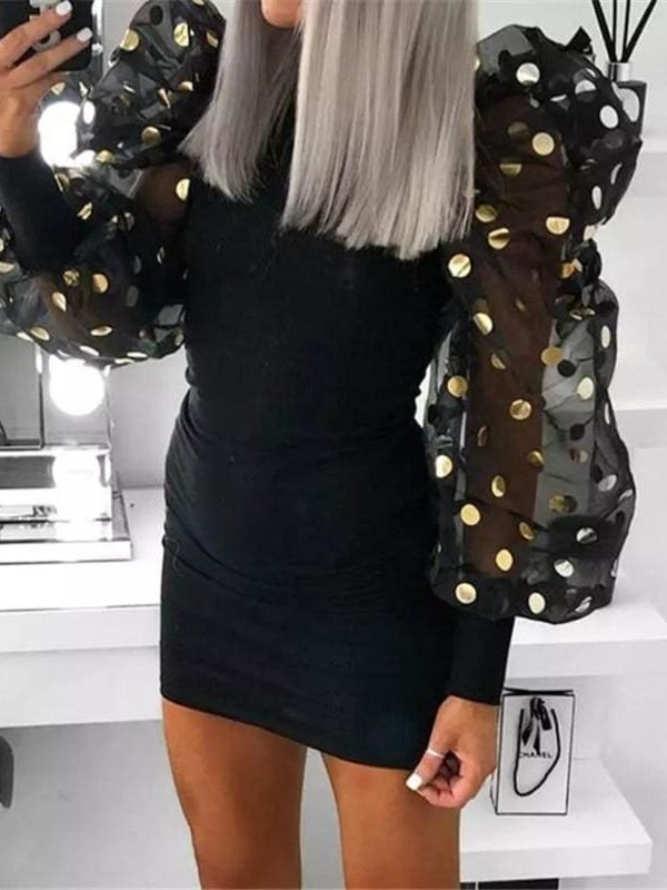 The Best Woman Fashion Casual Slim Female Bodycon Mini Dresses Spring Fall Puff Mesh Polka Dot Long Sleeve Black Club Dress Online - Takalr