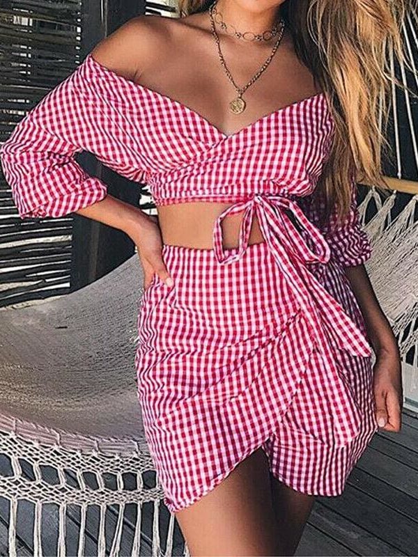 The Best Women 2 Piece Plaid Crop Top Bodycon Skirt Sexy Ladies Casual Summer Beach Party Mini Dress Outfit Holiday Online - Takalr