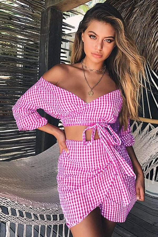 The Best Women 2 Piece Plaid Crop Top Bodycon Skirt Sexy Ladies Casual Summer Beach Party Mini Dress Outfit Holiday Online - Takalr