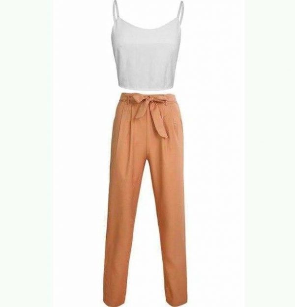 The Best Women 2 Piece Set Spaghetti Straps Short Top and Khaki Pants Online - Source Silk