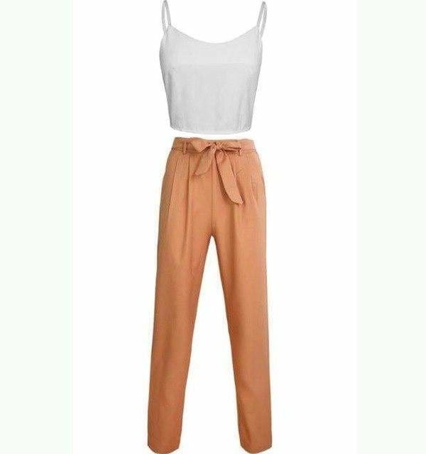 The Best Women 2 Piece Set Spaghetti Straps Short Top and Khaki Pants Online - Source Silk