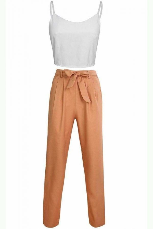 The Best Women 2 Piece Set Spaghetti Straps Short Top and Khaki Pants Online - Source Silk