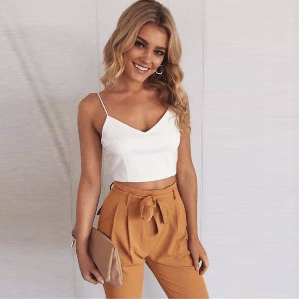 The Best Women 2 Piece Set Spaghetti Straps Short Top and Khaki Pants Online - Source Silk