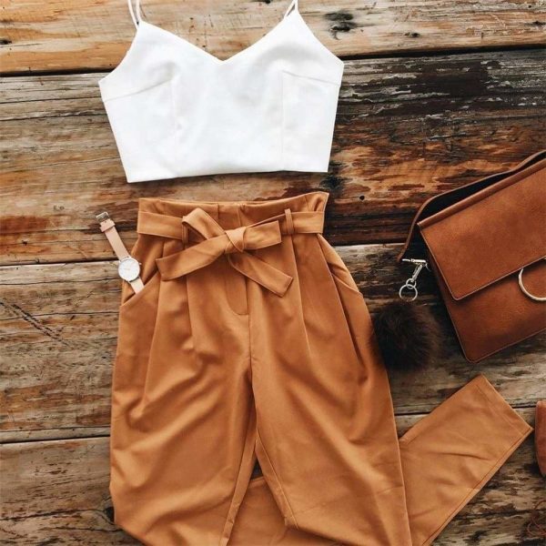 The Best Women 2 Piece Set Spaghetti Straps Short Top and Khaki Pants Online - Source Silk