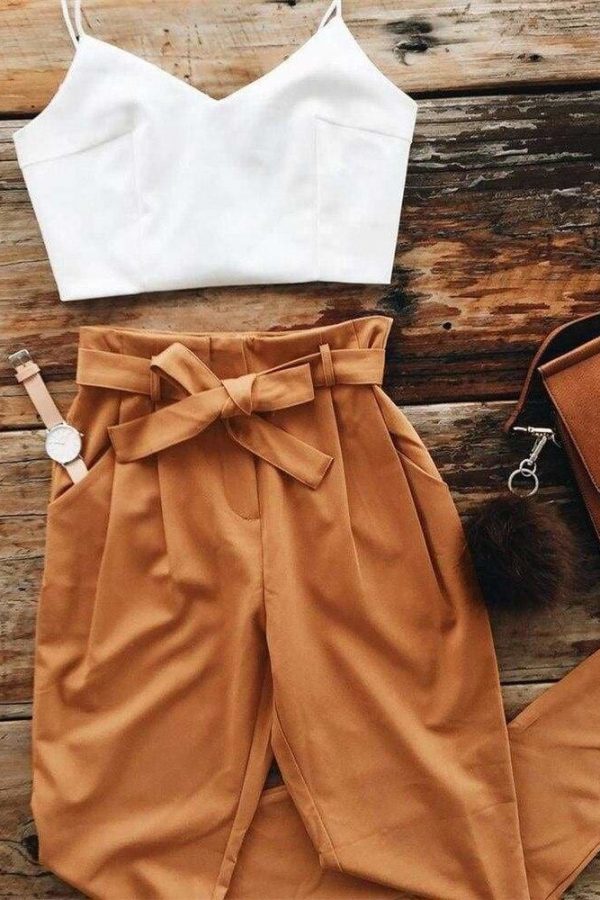 The Best Women 2 Piece Set Spaghetti Straps Short Top and Khaki Pants Online - Source Silk