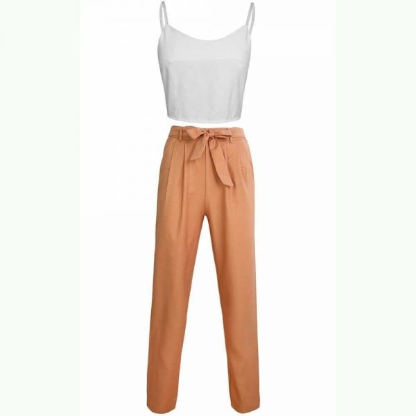 The Best Women 2 Piece Set Spaghetti Straps Short Top and Khaki Pants Online - Source Silk