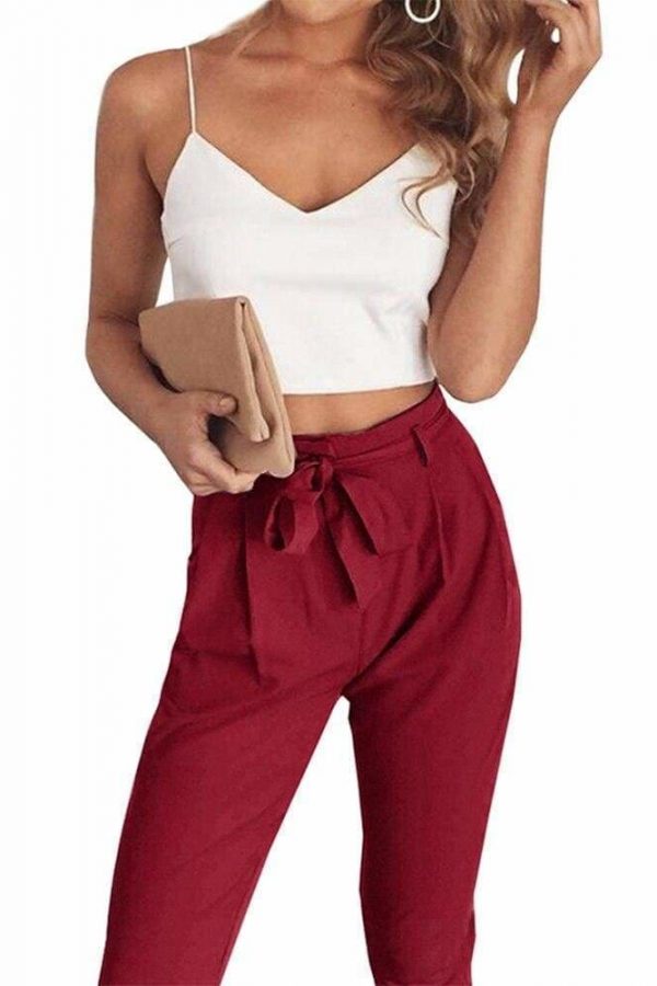 The Best Women 2 Piece Set Spaghetti Straps Short Top and Khaki Pants Online - Source Silk