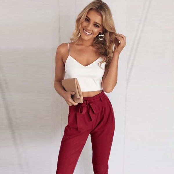 The Best Women 2 Piece Set Spaghetti Straps Short Top and Khaki Pants Online - Source Silk