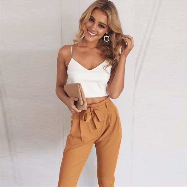 The Best Women 2 Piece Set Spaghetti Straps Short Top and Khaki Pants Online - Source Silk