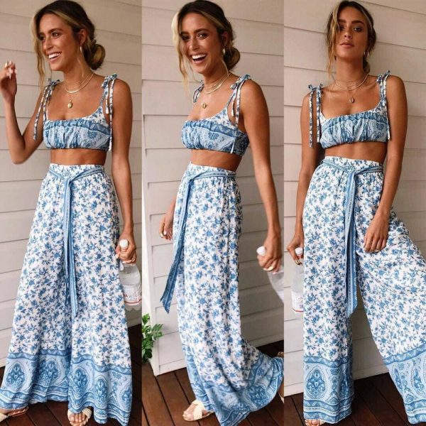 The Best Women 2Pcs Outfits Sleeveless Floral Print Crop Top Long Pants Set Summer Holiday Jumpsuit Ladies Casual Clothes Online - Takalr