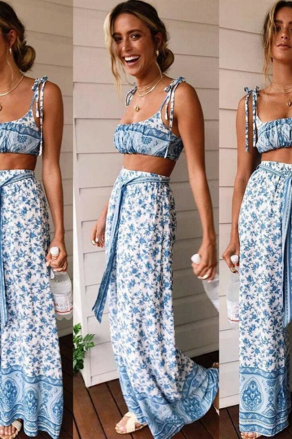 The Best Women 2Pcs Outfits Sleeveless Floral Print Crop Top Long Pants Set Summer Holiday Jumpsuit Ladies Casual Clothes Online - Takalr