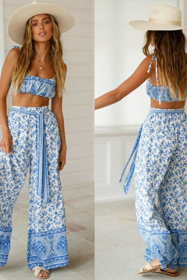 The Best Women 2Pcs Outfits Sleeveless Floral Print Crop Top Long Pants Set Summer Holiday Jumpsuit Ladies Casual Clothes Online - Takalr