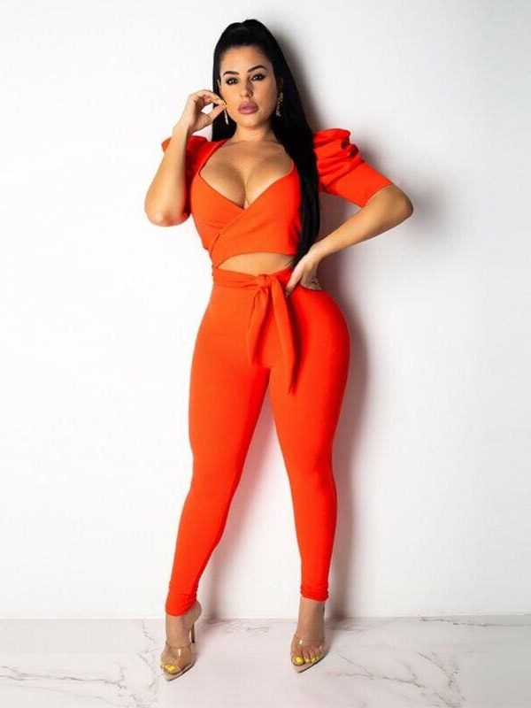 The Best Women 2Pcs Sets Bandage Crop Top Long Pencil Trousers Suit Short Sleeve Casual Romper Summer Deep V Neck Skinny Clubwear Online - Takalr