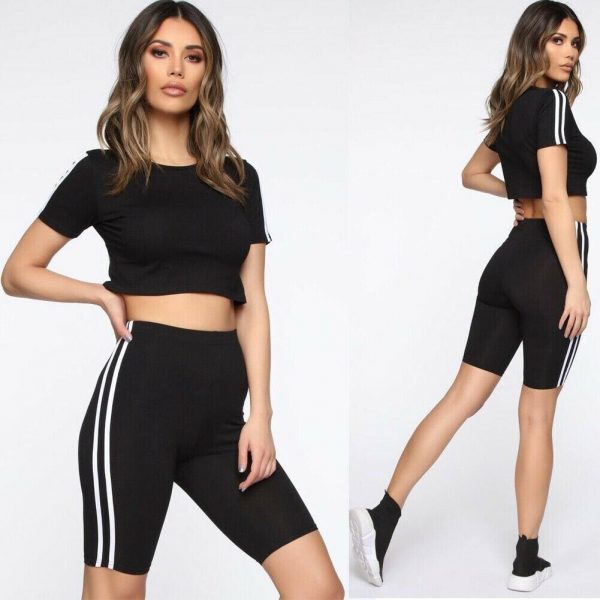 The Best Women 2pcs Sports Suit Solid Crop Top + Shorts Beach Wear Running Gym Stripe Outfits Summer Casual Workout Clothes Tracksuit Online - Takalr