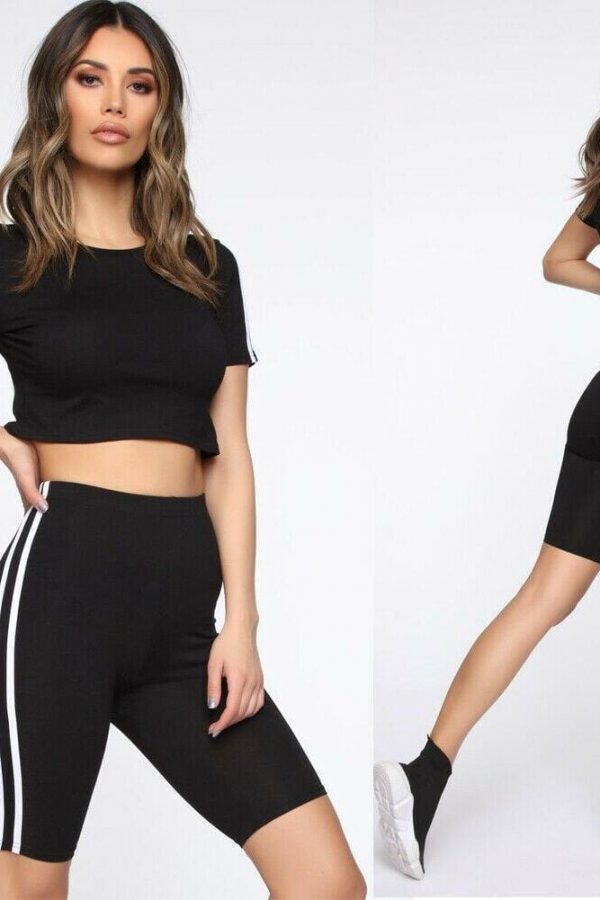 The Best Women 2pcs Sports Suit Solid Crop Top + Shorts Beach Wear Running Gym Stripe Outfits Summer Casual Workout Clothes Tracksuit Online - Takalr