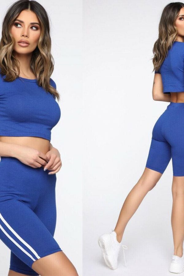 The Best Women 2pcs Sports Suit Solid Crop Top + Shorts Beach Wear Running Gym Stripe Outfits Summer Casual Workout Clothes Tracksuit Online - Takalr