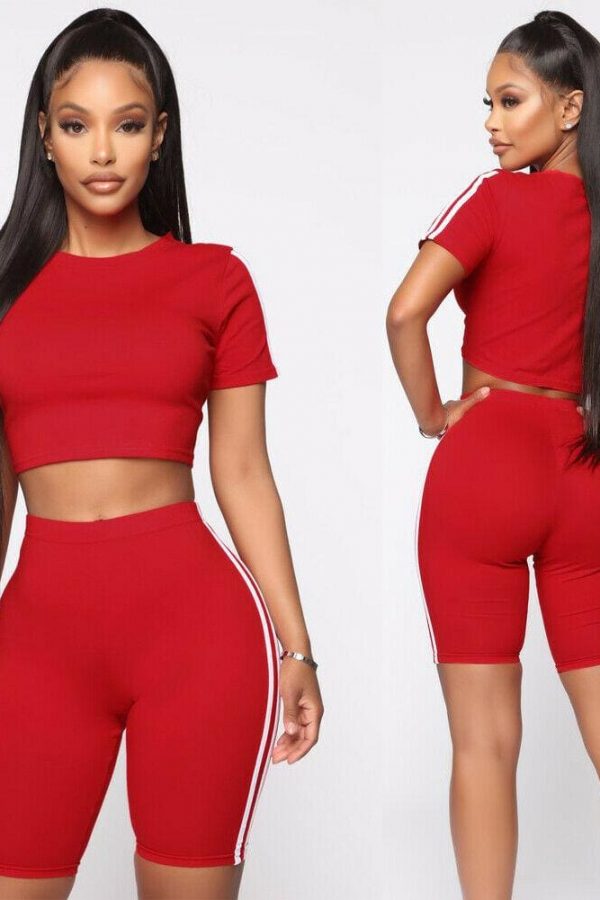 The Best Women 2pcs Sports Suit Solid Crop Top + Shorts Beach Wear Running Gym Stripe Outfits Summer Casual Workout Clothes Tracksuit Online - Takalr