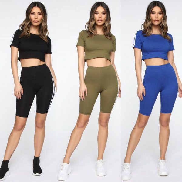 The Best Women 2pcs Sports Suit Solid Crop Top + Shorts Beach Wear Running Gym Stripe Outfits Summer Casual Workout Clothes Tracksuit Online - Takalr