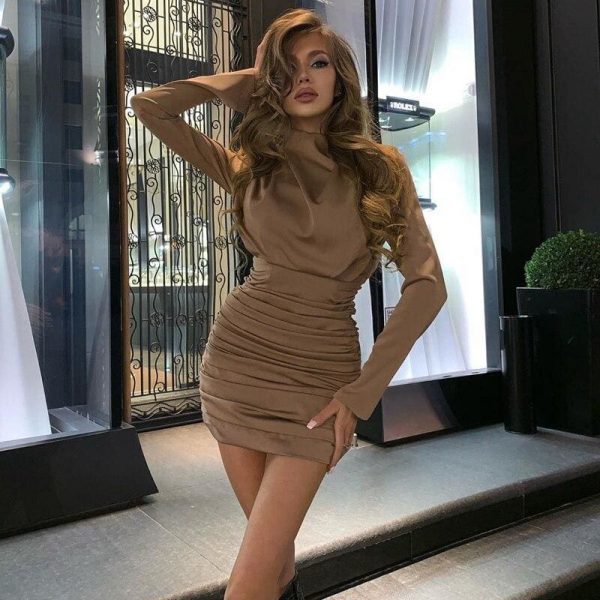 The Best Women Autumn Bodycon Long Sleeve Dress Fashion Elegant Ladies Evening Party Casual Slim Fit Mini Pleated Dress Online - Takalr